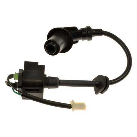 Close-up of the Ignition Coil Assembly for the Baja Phoenix 250 (PX250) - VIN Prefix LUAH, featuring a black wire with a white plug, essential for converting battery charge to fire the cylinder.