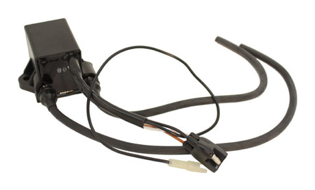 Close-up of an ignition coil for Polaris Indy 500 and Widetrak snowmobiles (2000-2008), showing black electrical wiring and connectors.