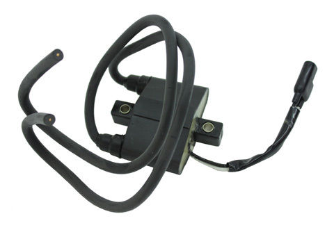 Close-up of the Ignition Coil for Polaris Indy Super Sport and Trail Snowmobiles (2003-2008), showcasing the black electrical wire and plug components.