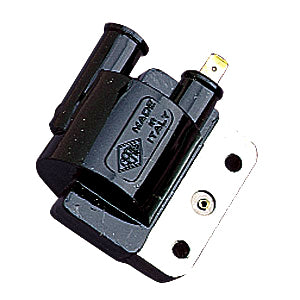 External Ignition Coil for Vespa VNX, VLX, VLB, VBC, VNC - a black and silver electrical device with a close-up showing its detailed black plastic components.