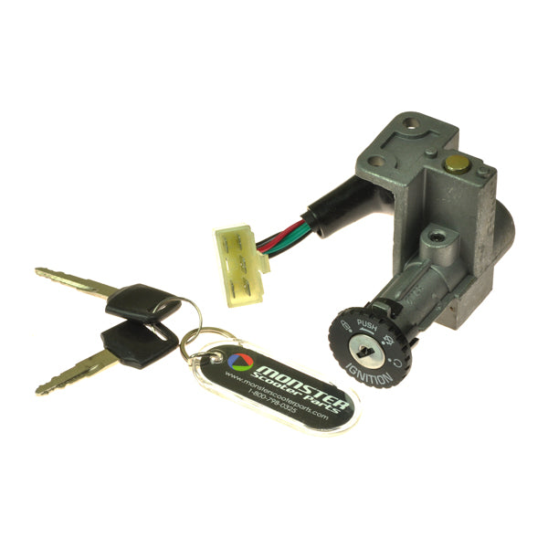 Scooter Ignition Module (Key Switch) for the Baja Sun City 125 (SC125), featuring a keychain with a keyring attached, ready to replace your existing key switch without cutting or splicing wires.