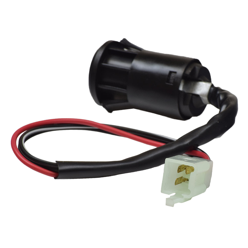 3 Wire Ignition Key Switch for ATVs & Dirt Bikes (Snap-In Mount) featuring a 3 pin male connector, white plug, and black and red cables, suitable for 150cc Baja 150 and similar ATVs.