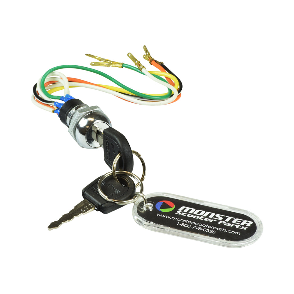 Ignition Module (Key Switch) with Keys - 5 Wire, showing a key with a keyring, attached to a keychain, and visible colored wires for connection.