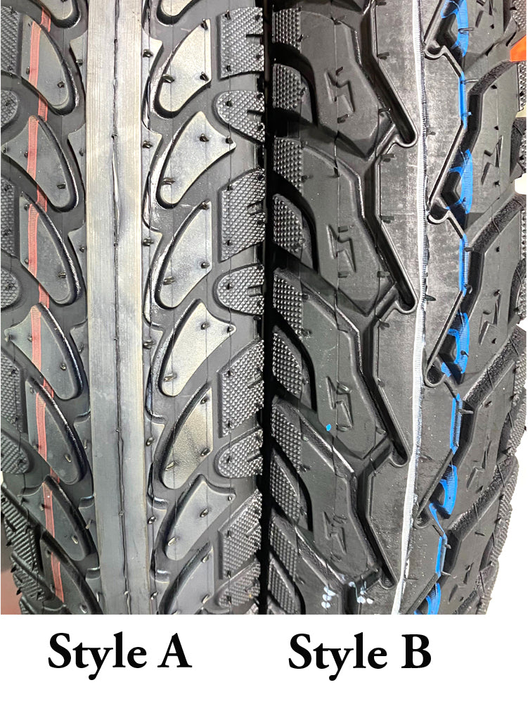 Close-up of the 16x2.50 Tubeless Pneumatic Tire for X-Treme Electric Scooters, highlighting the intricate directional P1095 tread pattern and sidewall arrows indicating spin direction for proper mounting.