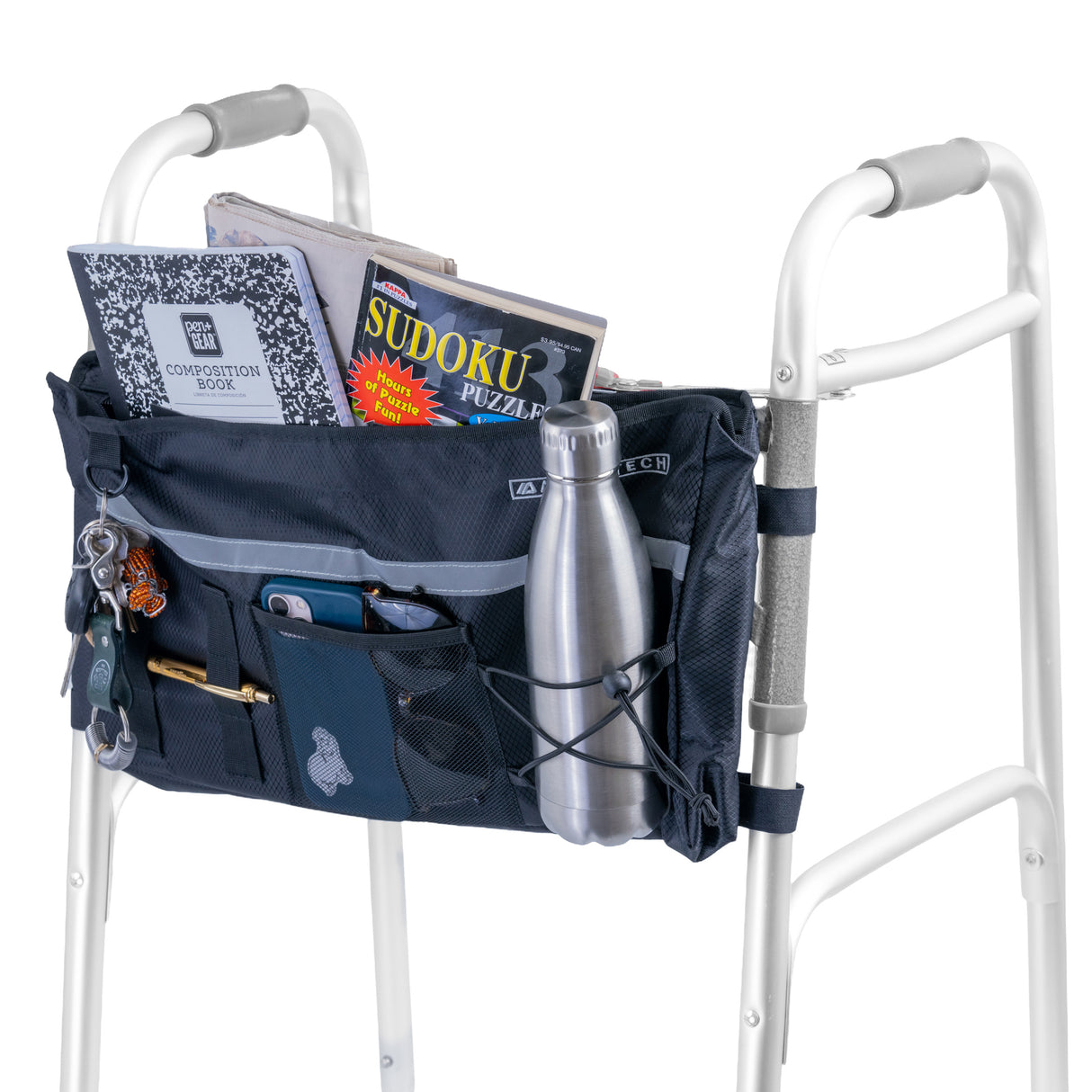 Super Deluxe Universal Walker & Rollator Bag showing books and a water bottle inside, highlighting its spacious design with multiple pockets, ideal for carrying personal items on the go.