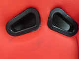 Red 25-1/2 Double Seat for Go-Karts (Blemished) features a close-up of the red seat with visible glue separation at the head. The image highlights its vibrant color and potential usage in various go-kart models.