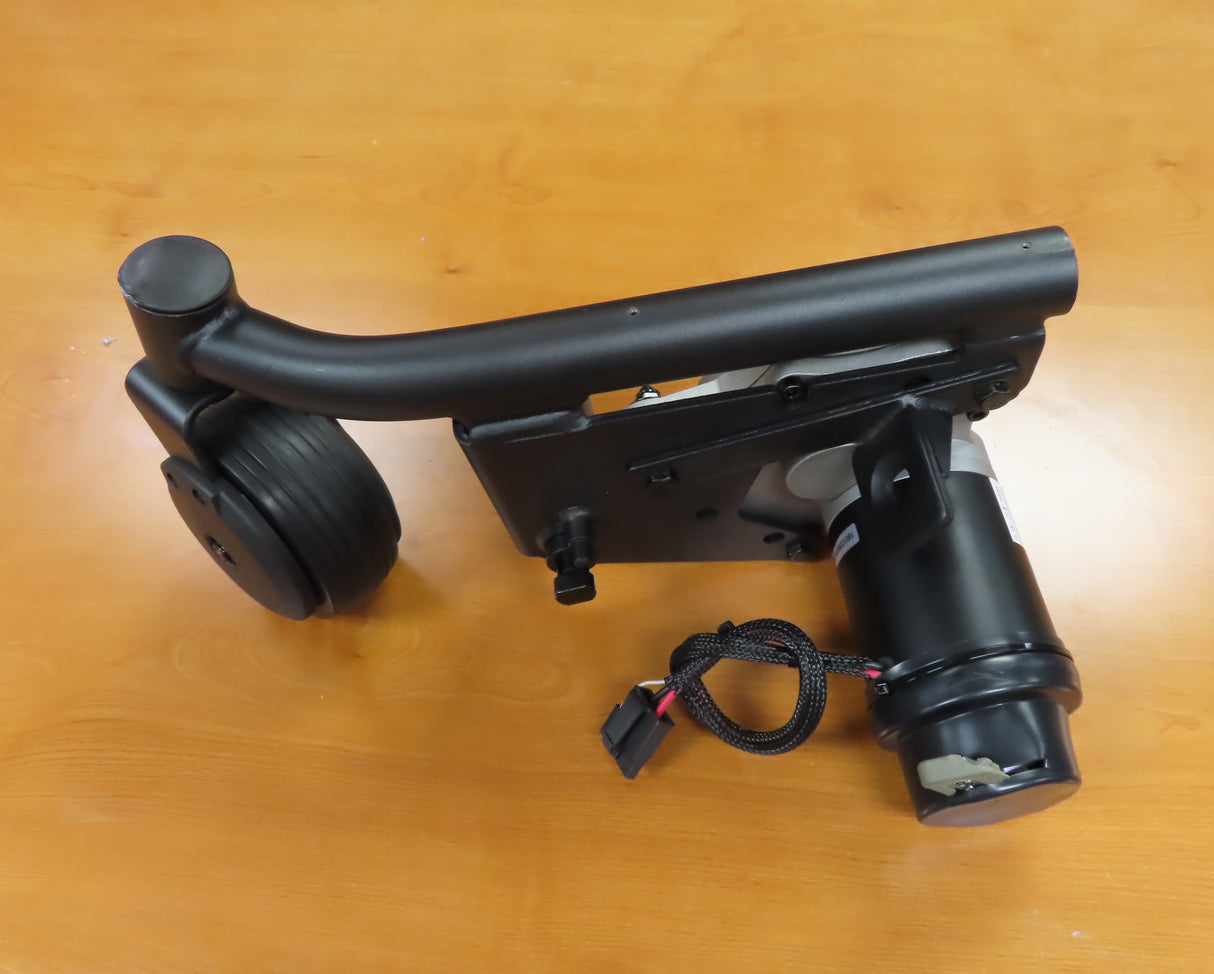 Right-Side Front Caster Arm Assembly with Motor for the Jazzy EVO 613 Power Chair (Blemished), showing a black machine with a wheel, wires, cylinder, and minor scratches.