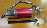 Red Short Performance Exhaust System for GY6 150cc Scooters & Go-Karts (Missing Gasket) shown with a red and silver muffler, mounting hardware, chrome exhaust pipe, and clamp on a wooden surface.