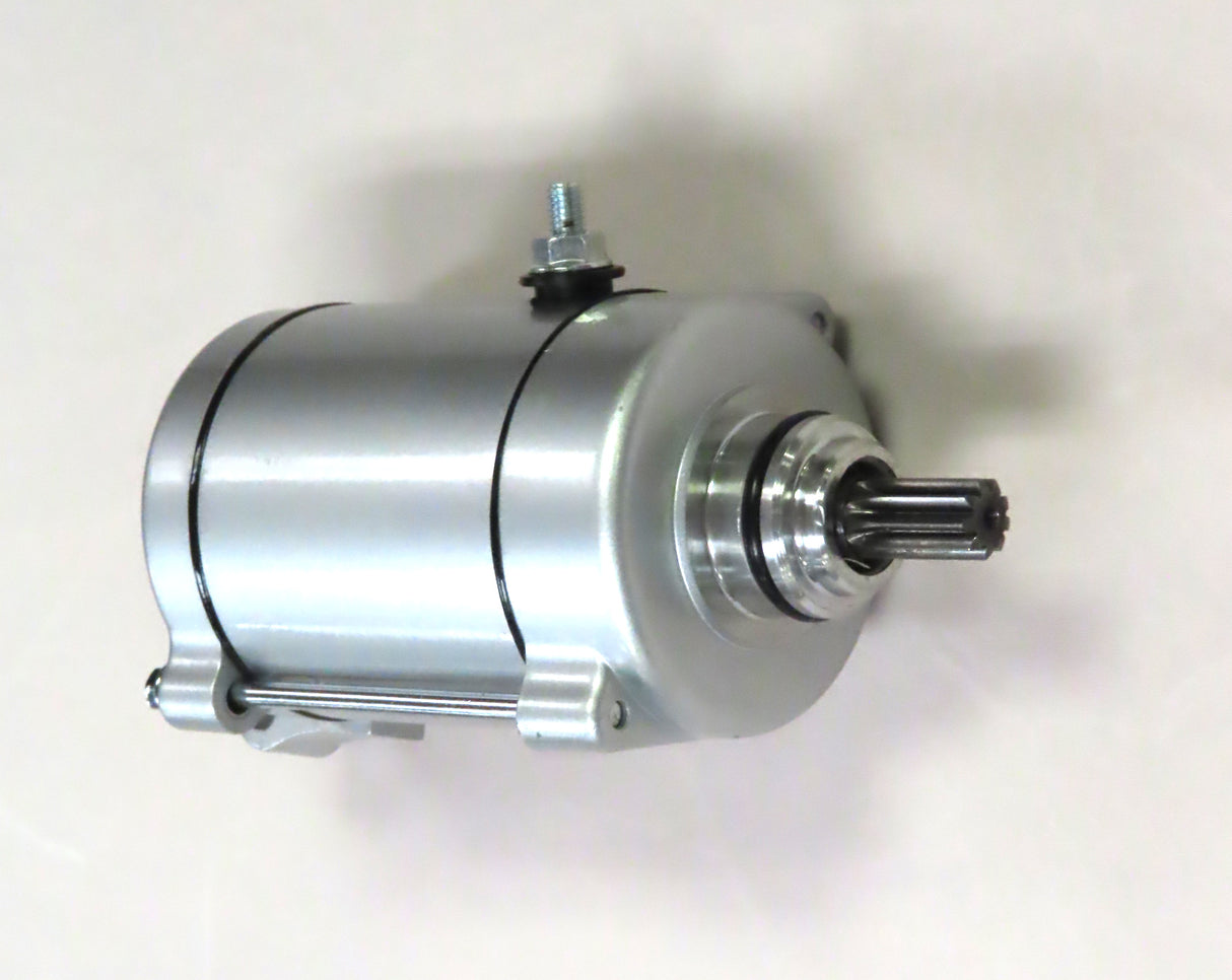 9 Tooth Starter Motor for 125cc/150cc, 250cc & 400cc ATVs, Dirt Bikes, & Go Karts (Missing Hardware) – a silver electric motor with a metal shaft and black rings.