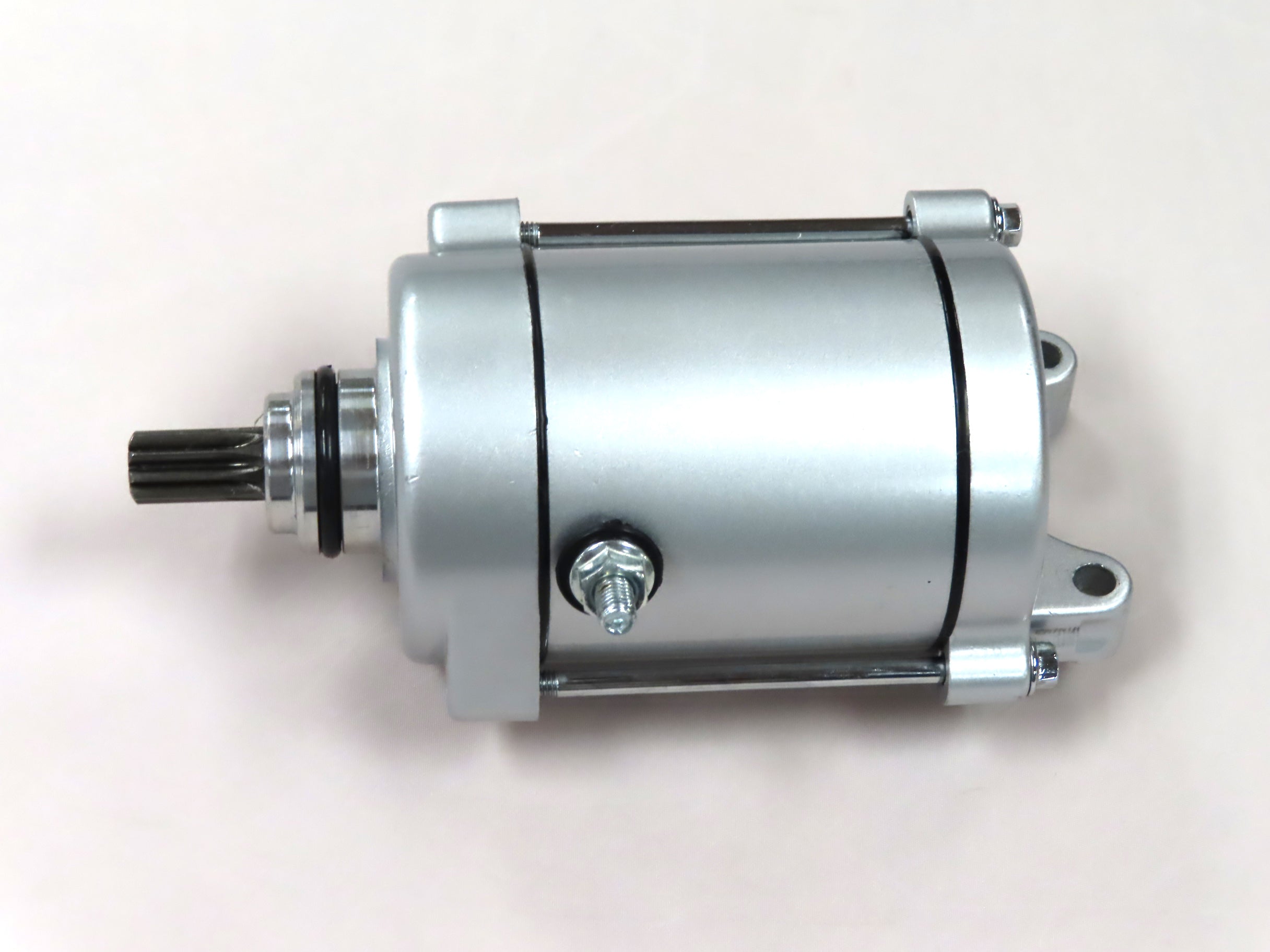 9 Tooth Starter Motor for 125cc/150cc, 250cc & 400cc ATVs, Dirt Bikes, & Go Karts (Missing Hardware), showing a silver electric motor with black metal components and visible metal cylinders.