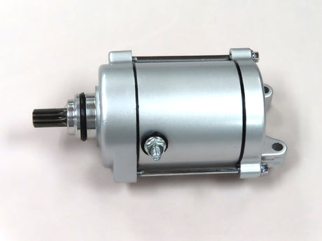 9 Tooth Starter Motor for 125cc/150cc, 250cc & 400cc ATVs, Dirt Bikes, & Go Karts (Missing Hardware), showing a silver electric motor with black metal components and visible metal cylinders.