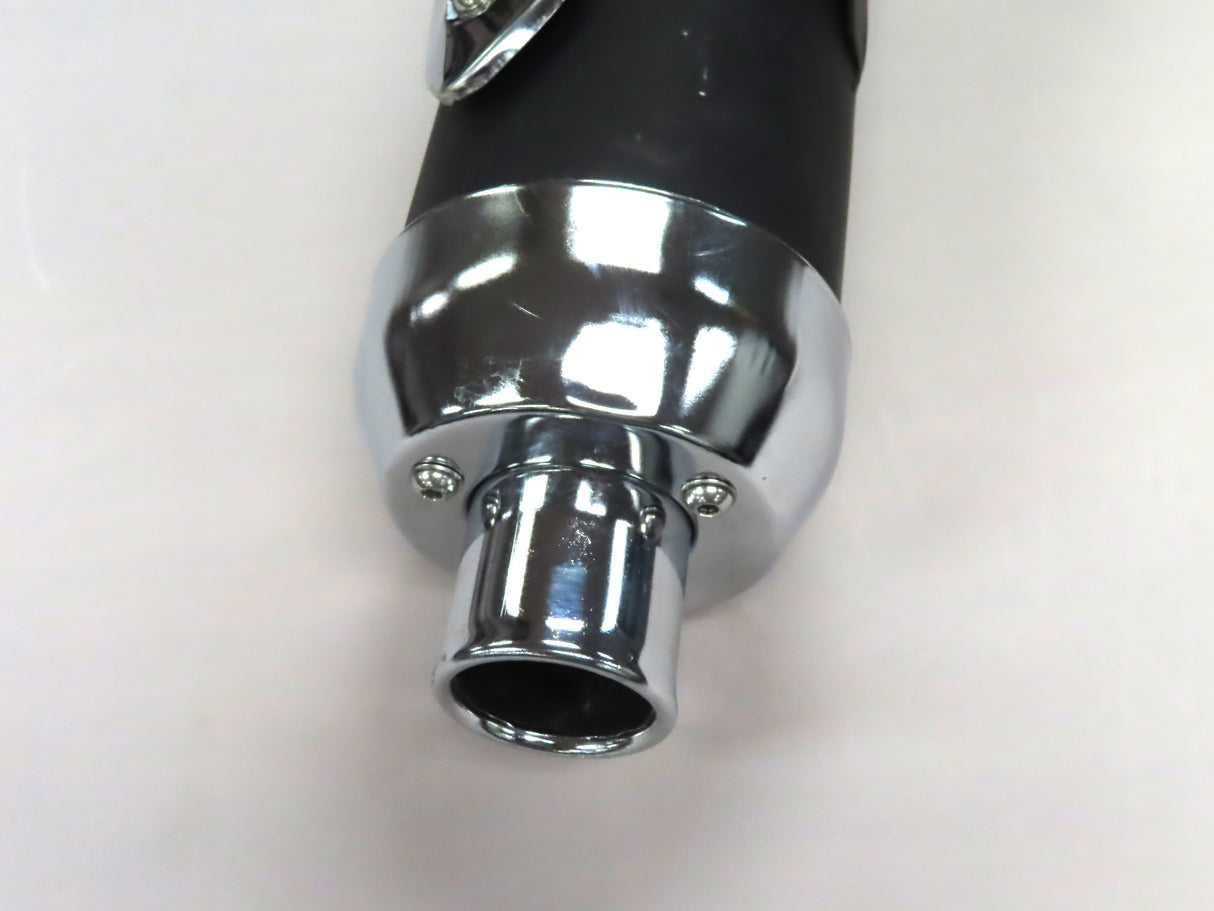 Muffler for 150cc Go-Karts (Blemished) featuring a sleek black and silver design, highlighting its sturdy metal construction and compact form, suitable for various Chinese-manufactured 150cc go-kart brands.