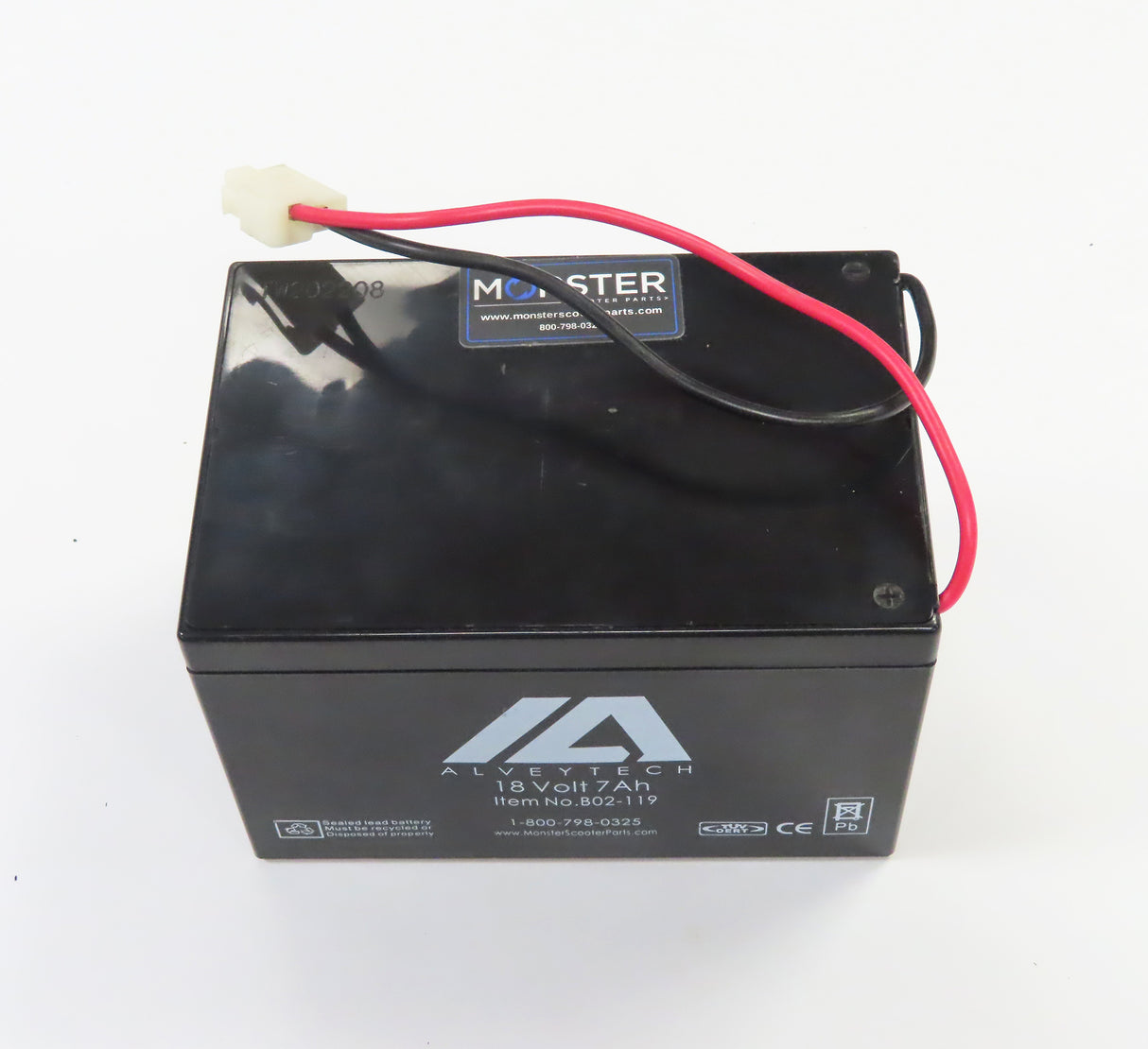 18 Volt Battery for the Minimoto Sport Racer (Blemished) shown with red and black wires and a 2-prong connector, minor cosmetic scratches visible.