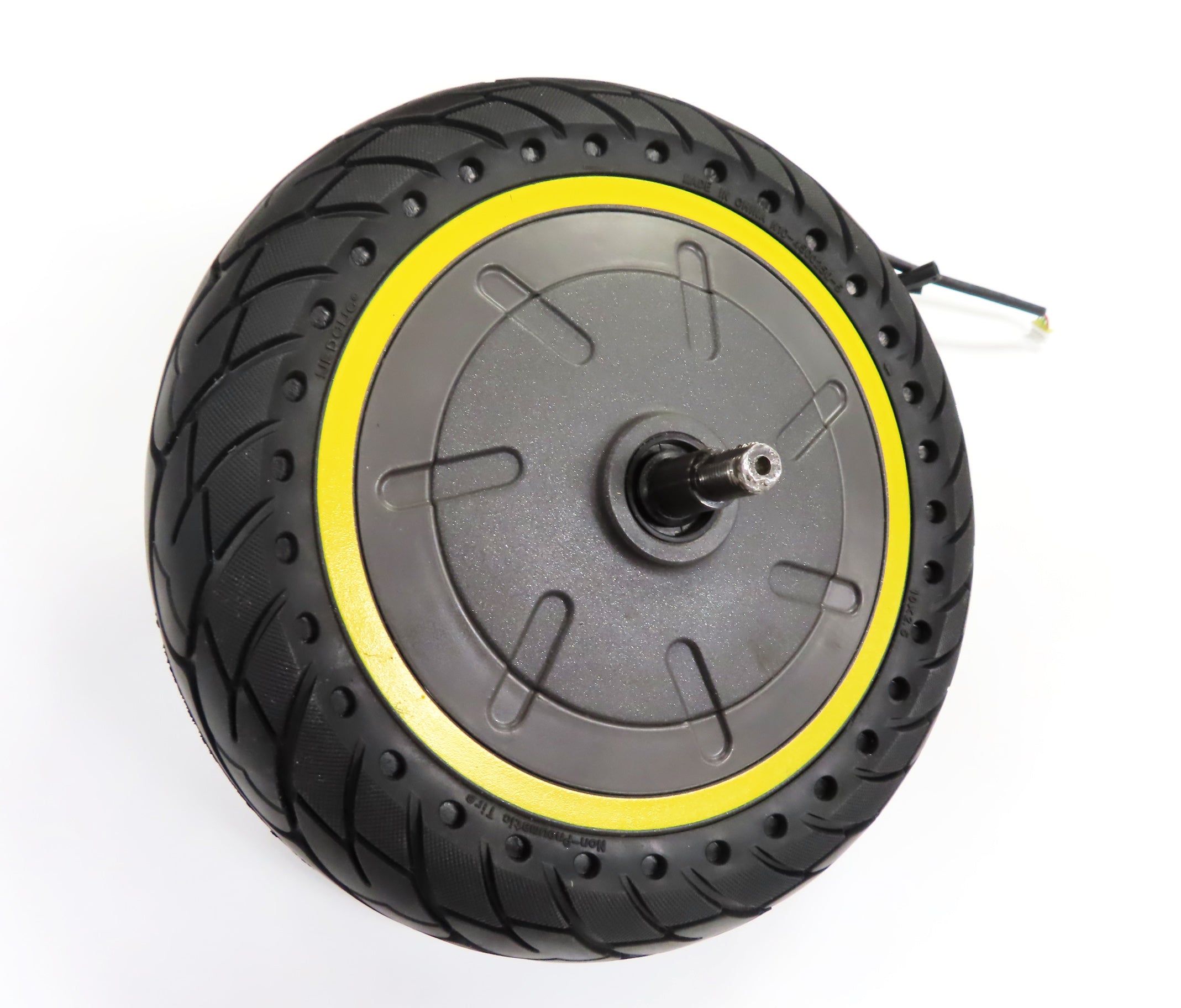 Hub Motor & Rear Wheel with Solid Tire for the Ninebot MAX G30 Scooter (Blemished), showcasing a black tire with a silver stem and minor axle thread damage. Includes 10 flat-free solid tire on a 10 rim.