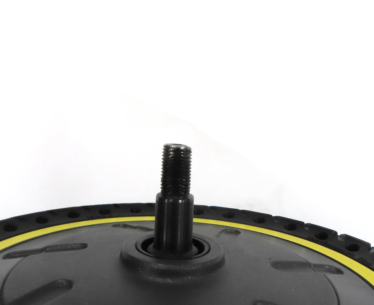 Hub Motor & Rear Wheel with Solid Tire for the Ninebot MAX G30 Scooter (Blemished) featuring a black base, yellow-striped motor, and solid tire, highlighting the close-up of a bolt and screw.