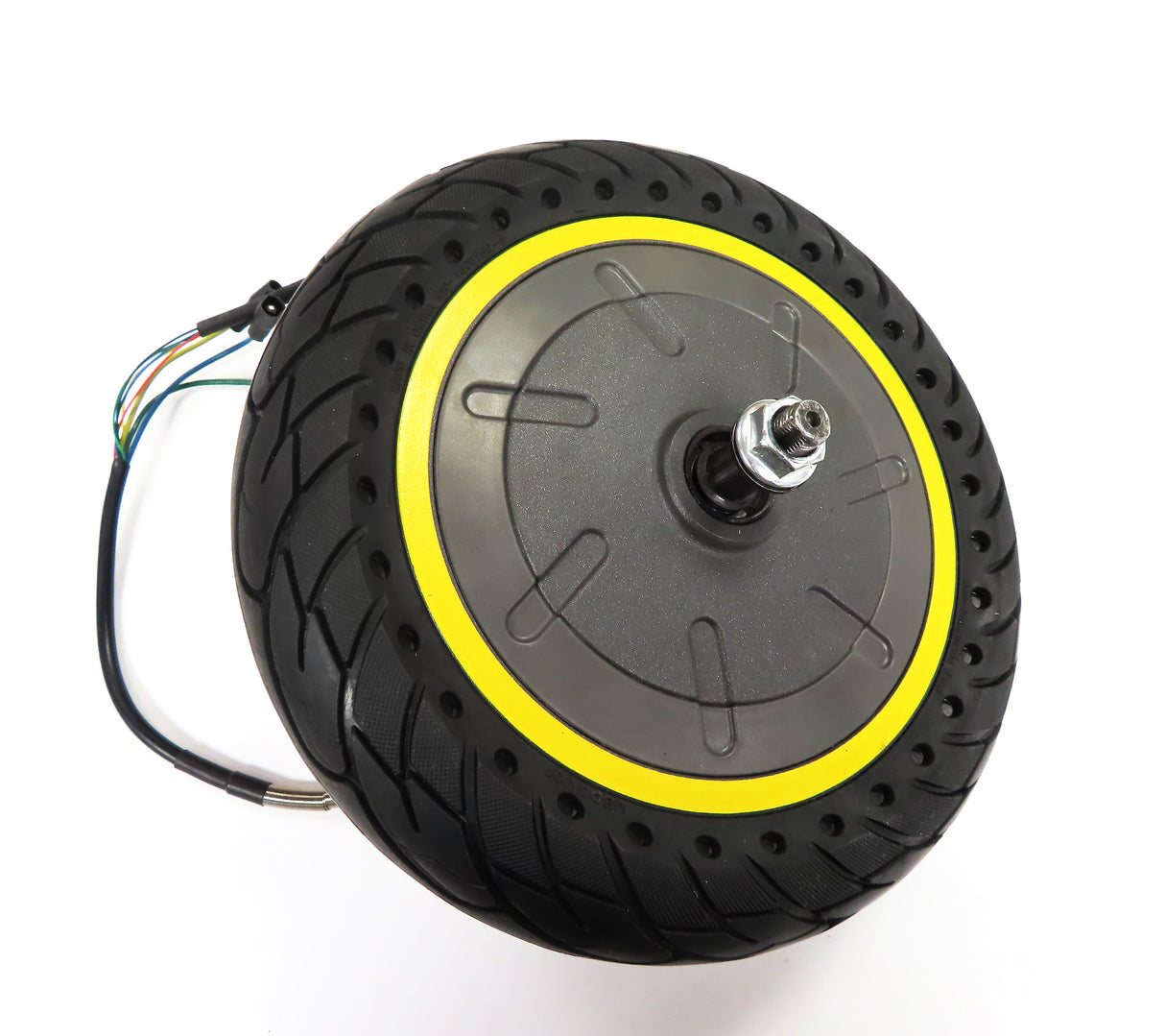 Hub Motor & Rear Wheel with Solid Tire for the Ninebot MAX G30 Scooter (Blemished) featuring a black and yellow wheel, visible wires, and a bolt on the hub.