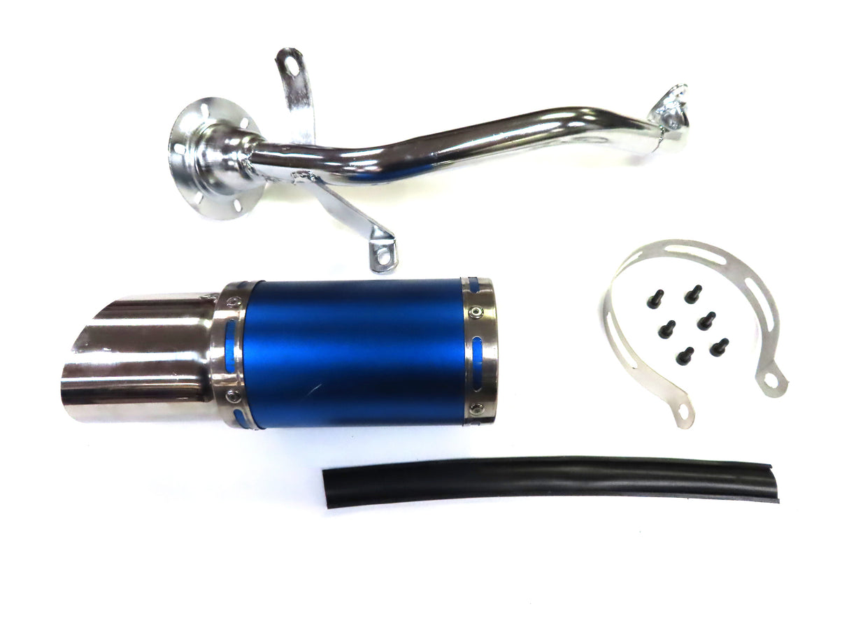 Blue Short Performance Exhaust System for GY6 150cc Scooters & Go-Karts (Missing Gasket & Minor Scratches), featuring a blue muffler, silver pipe, clamp, and mounting hardware, with visible minor scratches.