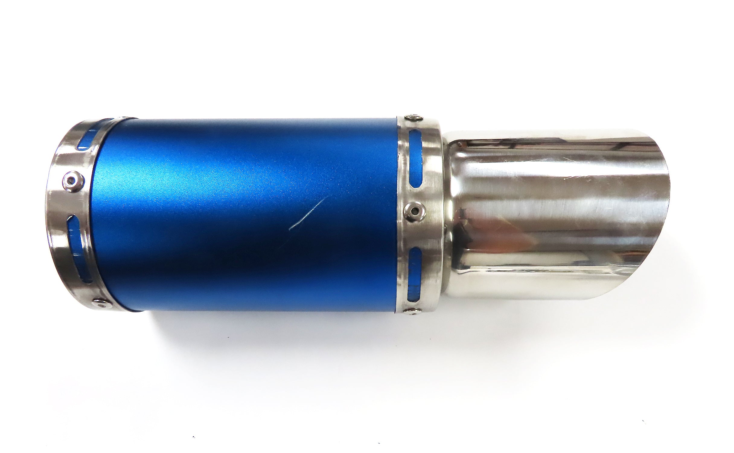 Blue Short Performance Exhaust System for GY6 150cc Scooters & Go-Karts, featuring a blue muffler and pipe, minor scratches visible, and missing gasket. Includes clamp and mounting hardware.