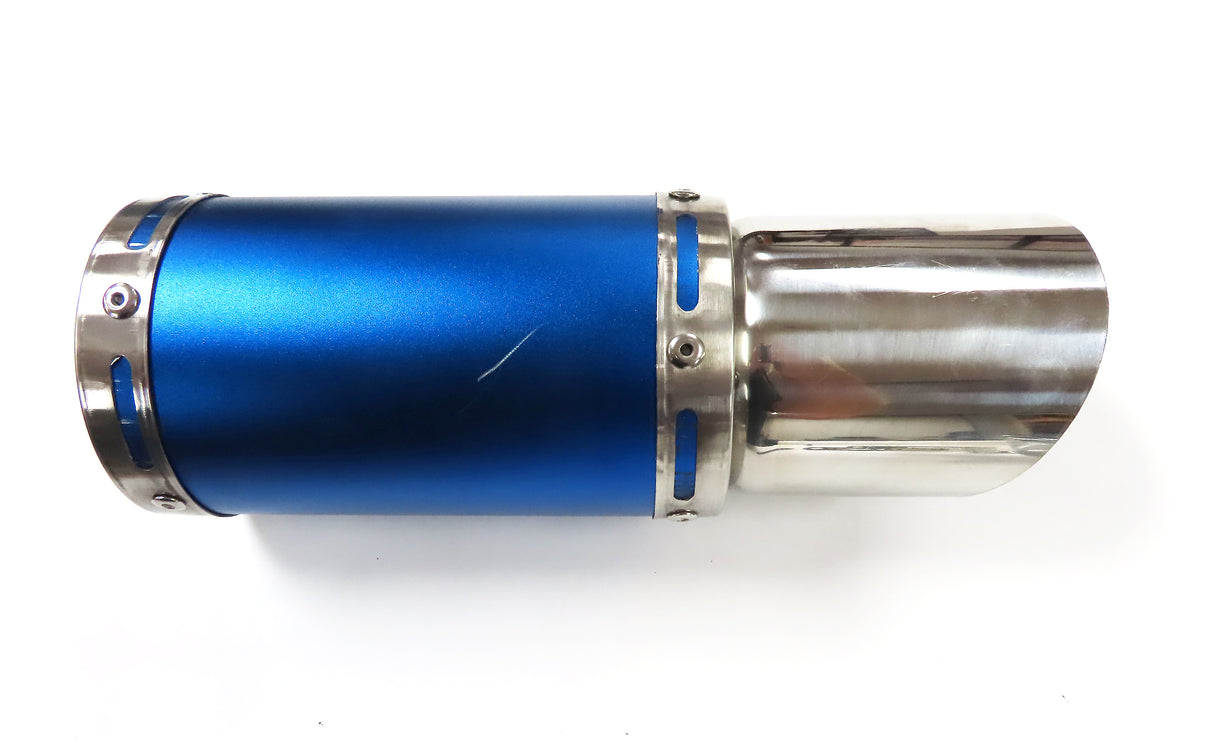 Blue Short Performance Exhaust System for GY6 150cc Scooters & Go-Karts, featuring a blue muffler and pipe, minor scratches visible, and missing gasket. Includes clamp and mounting hardware.