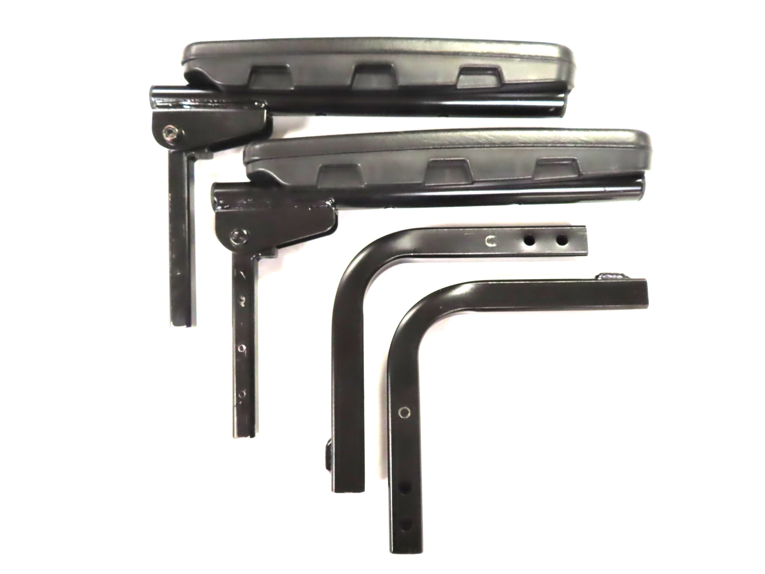 18x18 Black Vinyl Hi-Back Seat Assembly for Pride Victory 10 and Pursuit Scooters, featuring slightly blemished black metal parts including armrests, seat plate, and hardware.