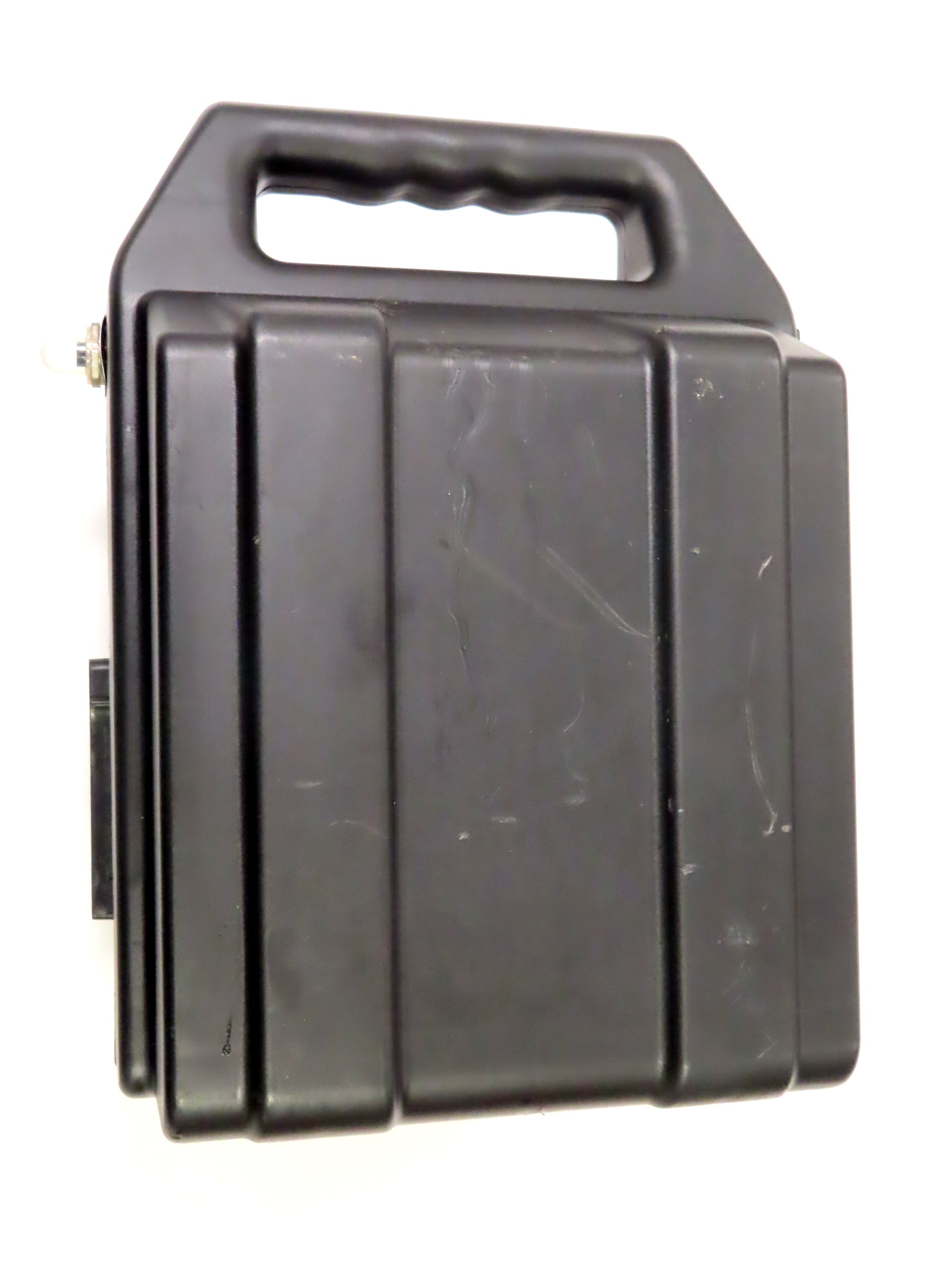 Battery Box without Batteries for the Golden LiteRider & LiteRider PTC (Blemished) - A black plastic container with a handle, showing minor scrapes and scratches, includes circuit breaker, XLR charging port, wiring, and box screws.