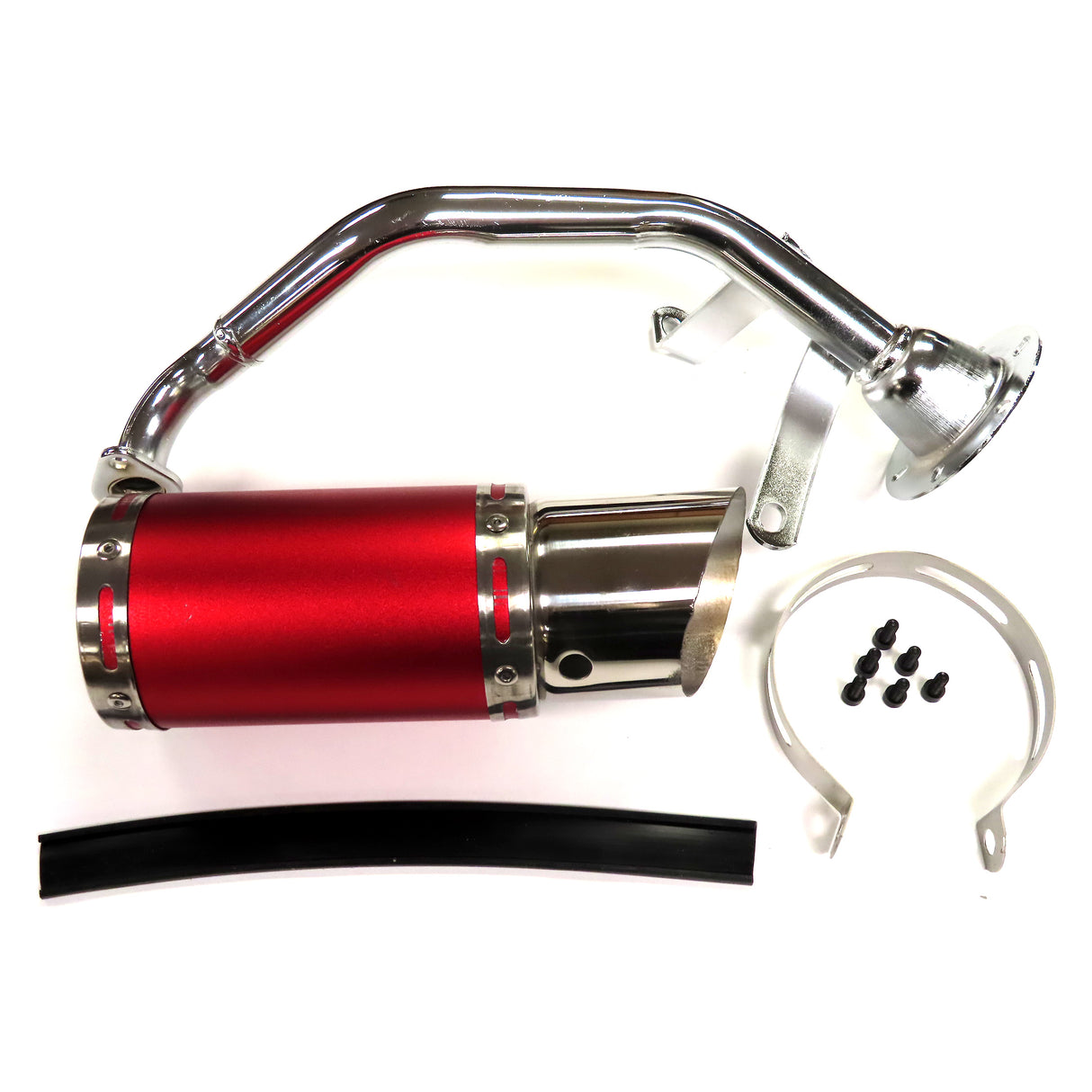 Red Short Performance Exhaust System for GY6 150cc Scooters & Go-Karts, featuring a red muffler with silver trim, chrome exhaust pipe, mounting hardware, and clamp, but missing the gasket.