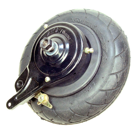 Innova 200x50 Solid No-Flat Rear Wheel Assembly for Belt Drive GT, IZIP, Mongoose, eZip, & Schwinn 150 & 200 Series Scooters featuring a black wheel with attached band brake, sprocket, and axle.