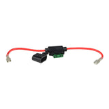 In-line 30 Amp ATM Blade Fuse Holder with Wire & 1/4 Battery Terminal Connectors, featuring a visible green connector and insulated black and red cables, designed for secure and efficient fuse installation.