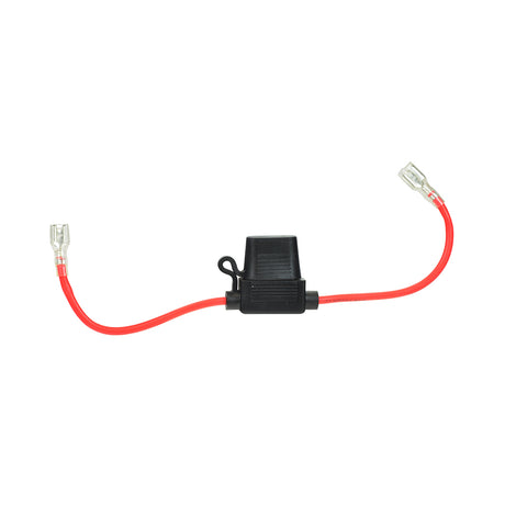 In-line 30 Amp ATM Blade Fuse Holder with Wire & 1/4 Battery Terminal Connectors, featuring a close-up of the black plastic device with a red tip and attached electrical wire.