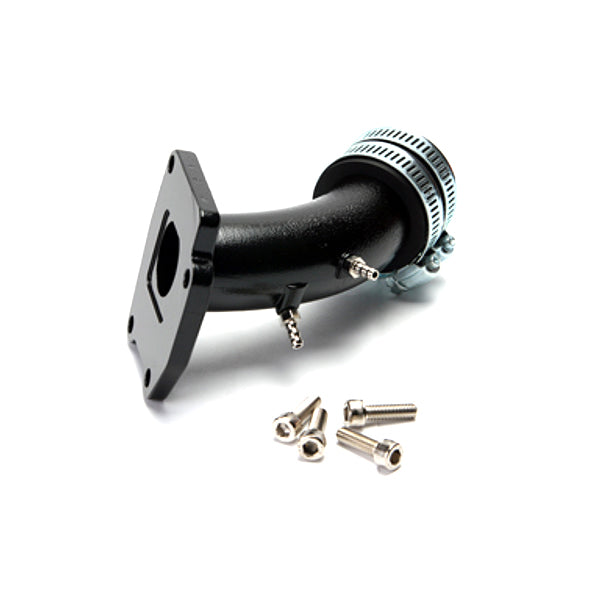 Intake Manifold for Genuine 50cc Scooters with screws and mounting hardware, featuring a black metal pipe and close-up details of the pipe and screws.