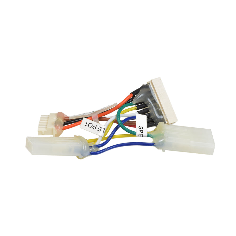 Close-up of the Intermediate Electronic Tiller Harness for Pride Sonic (SC50/SC52) and Pride Dart (SC51) showing labeled connections and multiple wires, ideal for scooter electrical repairs.