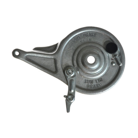 Close-up of a 100 mm Internal Expanding Rear Brake Drum Assembly, showcasing the metal brake lever and components of the internal expansion drum brake system.