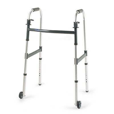 Close-up of the Invacare Dual Release Paddle Walker with 3 Fixed Wheels for Juniors, showing its metal frame, 3 wheels, and PVS handgrips.