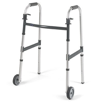 Close-up of the Invacare Dual Release Paddle Walker with 5 Fixed Wheels for Juniors, showcasing its sturdy metal frame, height-adjustable paddles, and large wheels designed for enhanced maneuverability on rough surfaces.