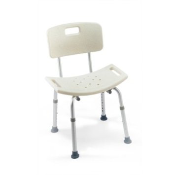 Invacare Care Guard Shower Chair with Seatback features a white plastic design, a comfortable deep seat with drain holes, and sturdy aluminum legs. Ideal for users up to 315 pounds.