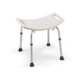 Invacare Care Guard Shower Chair with a white plastic seat, blue handles, and aluminum legs. Features a wide, deep seat and built-in drain holes for comfort and stability during bathing.