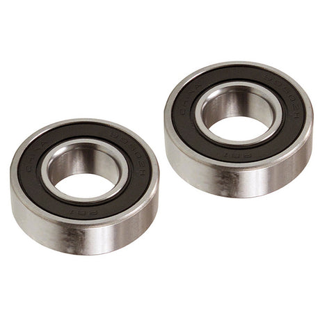 5/8 99502H Sealed Go-Kart & Drift Trike Bearings (Set of 2) showing close-up views of two metal bearings with black rubber seals, highlighting their smooth, machined surfaces and structural details.