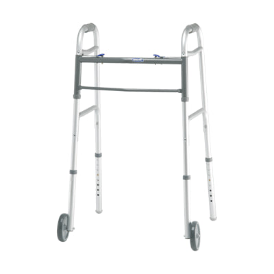 Close-up of the Invacare Dual-Blue Release Walker with 5 wheels for Juniors, featuring adjustable height, wide aluminum frame, and dual blue-release mechanisms for easy folding and enhanced maneuverability.