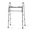 Close-up of the Invacare Dual-Blue Release Walker for Juniors, highlighting its sturdy, wide, deep frame with a white seat and dual side braces, designed for users 4'4 to 5'7.