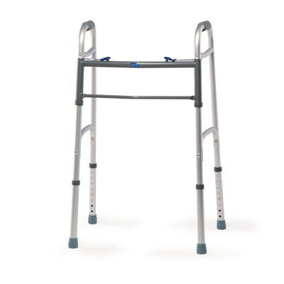 Close-up of the Invacare Dual-Blue Release Walker featuring a white seat and dual blue-release mechanisms, designed with a wide, deep, and rigid frame for stability and supporting up to 300 lbs.