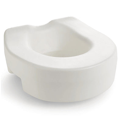 Invacare Elevated Toilet Seat shown with a contoured, easy-to-clean molded composite seat, adding 5 inches to standard toilet height. Ideal for hospital and home care use for added comfort and accessibility.