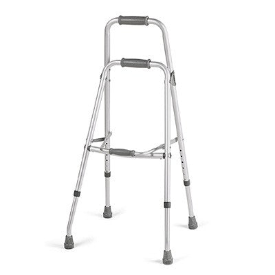 Invacare Hemi Walker, a metal mobility aid with gray handles, designed for one-hand use. Features a wide, stable base and adjustable height, supporting up to 250 lb.