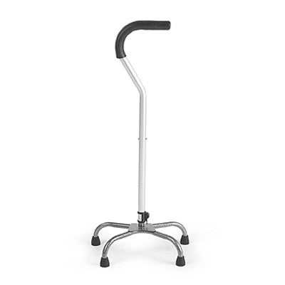 Invacare Large Base Quad Cane with a stable four-point base, silver finish, and ergonomic grip for reduced hand fatigue. Ambidextrous design suitable for either hand.