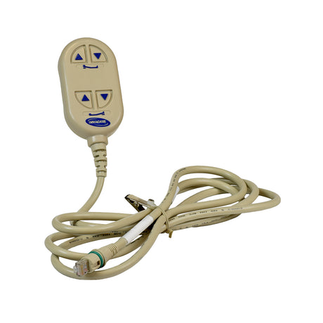 4-Button Hand Control Pendant for the Invacare 5310IVC Semi Electric Homecare Bed (1115288) featuring a cord and a rounded case with four buttons for head and feet adjustments.