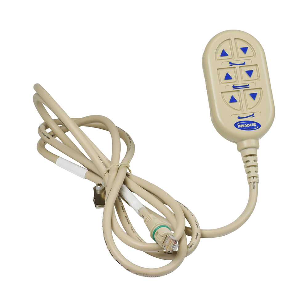 6-Button Hand Control Pendant for the Invacare 5410IVC Full Electric Homecare Bed, featuring buttons and a cable with a connector, suitable for head, feet, and elevation adjustments.