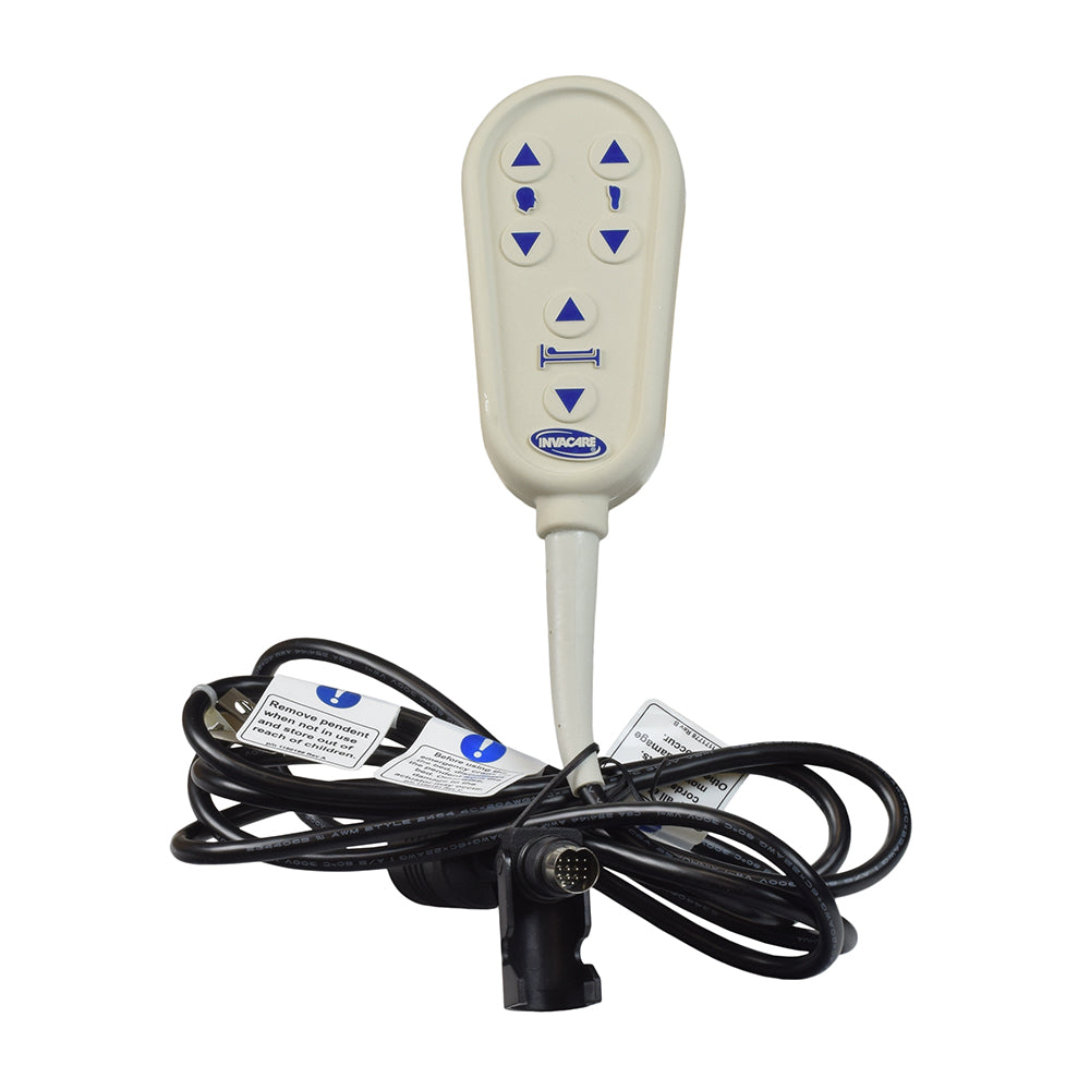 6-Button Hand Control Pendant for the Invacare VA-G54 Homecare Bed (1182430), featuring a white remote with black wires and a special push-down & lock connector, specifically designed for VA-G54 hospital beds.