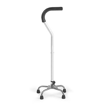 Invacare Medium Base Quad Cane with a black handle and a sturdy four-point base designed for stability, featuring an ergonomic Invacare grip for user comfort.