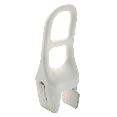 Invacare Molded Tub Rail, a white plastic rail with a supportive hole, designed for easy installation in bathtubs, offering upper and lower gripping surfaces for safe entry, exit, and seated movements.