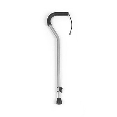 Invacare Offset Cane -- Silver, featuring a black ergonomic grip, wrist strap, and a rattle-reducing collar, designed to support up to 250 lb.