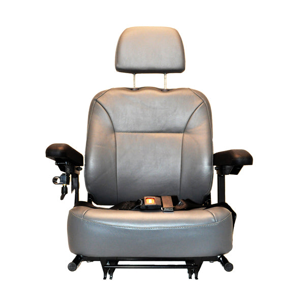 Gray Vinyl Van Seat Assembly for Invacare M71, featuring a high-back design with detachable headrest, flip-up adjustable armrests, and rear pouch, all mounted on a tubular steel frame.